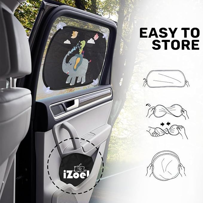 MOVINPE Car Sun Shade for Baby Kids 2 Pack Static Cling Side Window Car 80GSM Rear Sunshades Universal with 8 Suction Cups and Storage Bag - Sun Glare and UV Rays Protection (Elephant & Turtle)