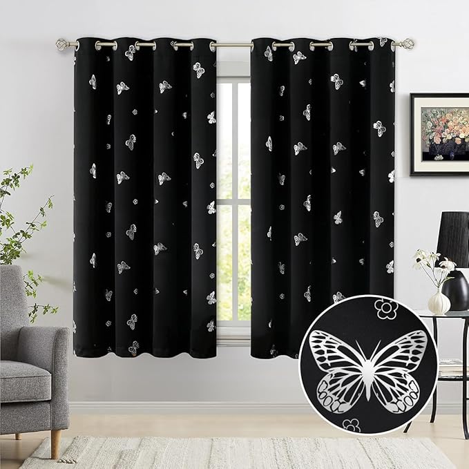 Jubilantex Black Silver Butterfly Blackout Curtains Metallic 63" Long for Bedroom Nursery Thermal Insulated Window Curtains Grommet 52" Wide,2 Panels