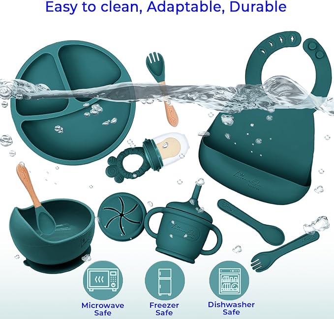 Silicone Baby Feeding Set, 10 Pcs Baby Led Weaning Supplies | BPA-Free Baby Dishes with Toddler Plates and Bowls Set, Silicone Bib, Suction Cup, Baby Spoons & Forks | Empower Independence – Green