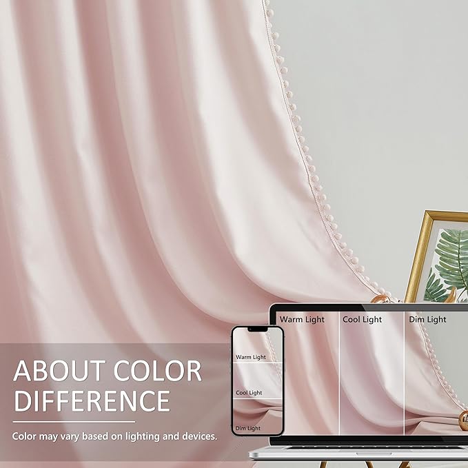 Treatmentex Pink Half-Blackout Curtains 54" Pink Pompoms Curtain Panels for Nursery Room Darkening Thermal Curtain Drapes for Baby Girls Rod Pocket 2pcs