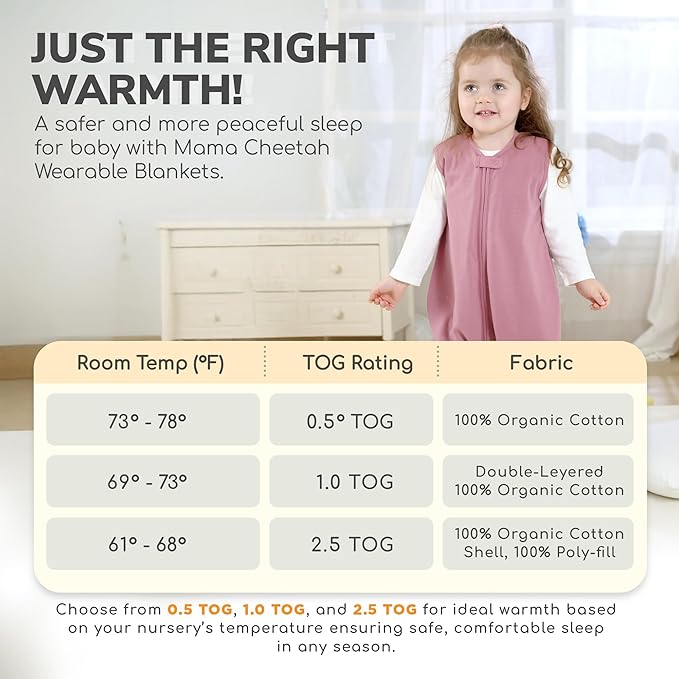 Mama Cheetah Toddler Sleep Sack with Feet, 0.5 TOG Organic Cotton Baby Wearable Blankets with Legs, Baby Sleeping Bag for Walkers, Early Walker 6-18 Month