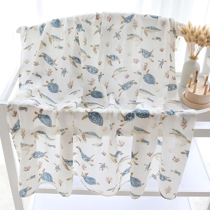 LifeTree Baby Swaddle Blanket, 70% Viscose from Bamboo and 30% Cotton Muslin Swaddles Blankets Boys Girls, Sea Turtle Swaddling Blanket for Newborn, Super Soft Large 47" x 47"