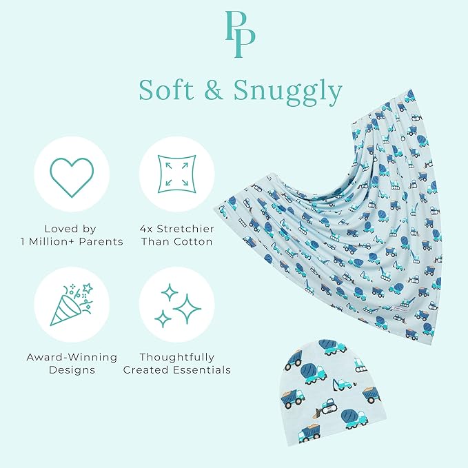 Posh Peanut Baby Swaddle Blanket & Beanie - Matching Newborn Swaddle Set, Doubles As Receiving Blanket or Nursing Cover (Construction Cars)