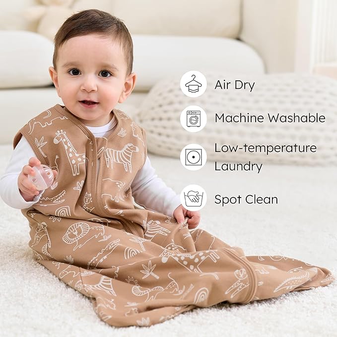 FIEMOL Baby Sleep Sack 6-12 months, 100% Cotton Sleeping Sack for Newborn and Infant, 3 Pack Baby Wearable Blanket for Boy and Girl, 0.5 Tog Lightweight Double Zipper Sleep Bag Green Brown Giraffe