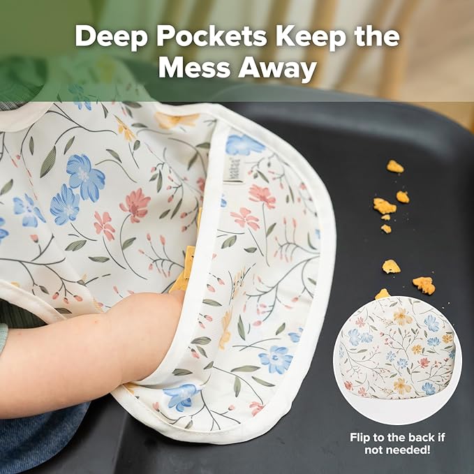 haakaa Waterproof Baby Bibs for Eating, Soft & Lightweight Toddler Bibs with Food Pocket, Easy Wipe Clean, Ages 6–24M, 2 Pack
