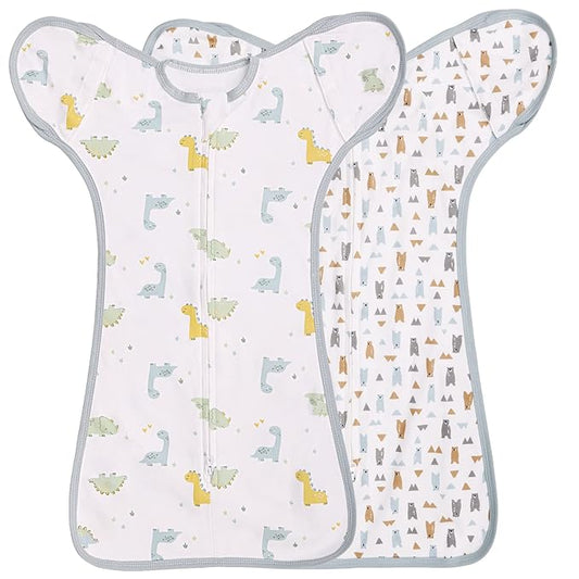 2 Pack Transition Swaddle with 2 Way Zipper, 2 in 1 Arms in/Out Transitional Arms Up Swaddle, 100% Cotton Newborn Swaddles Zipper Swaddles Baby Swaddling Sack Sleep Sack 0-3 Months, Dinosaur & Bear