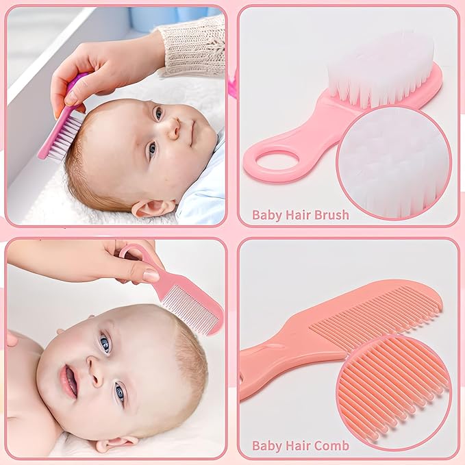 Baby Grooming Kit, Infant Safety Care Set with Hair Brush Comb Nail Clipper Nasal Aspirator,Baby Essentials Kit for Newborn Girls Boys, Pink-24- in-1