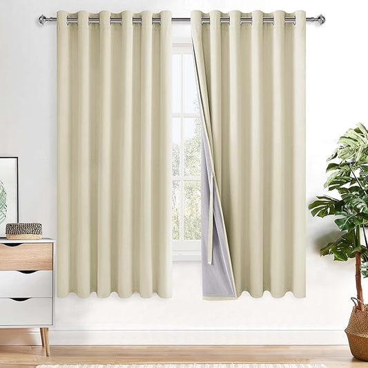 XWZO 100% Blackout Curtains with Tiebacks- Heat and Full Light Blocking Window Panels with Grommets & Thermal Insulated Draperies for Large Window, Beige, W70 x L63, Set of 2