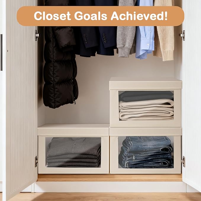Collapsible Toy Storage Bins 6 PCS with Lids & Clear Window, Fabric Organizers with Handles for Closet, Nursery, Playroom | Beige Decorative Storage Boxes (14.5x9.4x9.8 Inches)