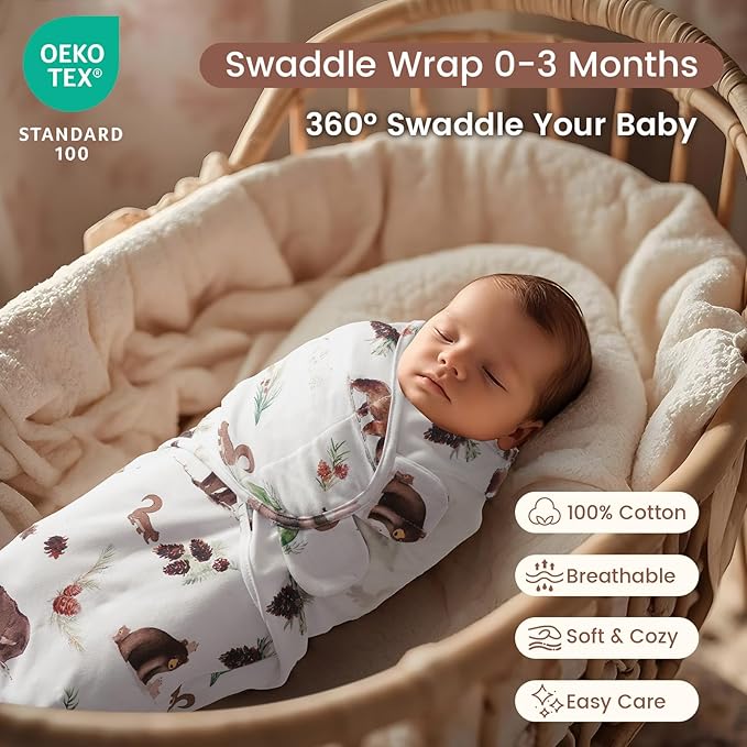 david's kids 100% Cotton 3 Pack Baby Swaddle Wrap for 0-3 Months, Soft Breathable Swaddle Blanket for Newborn Infant, Adjustable Baby Wrap Sleep Sacks for Boys Girls, Newborn Essentials, Woodland
