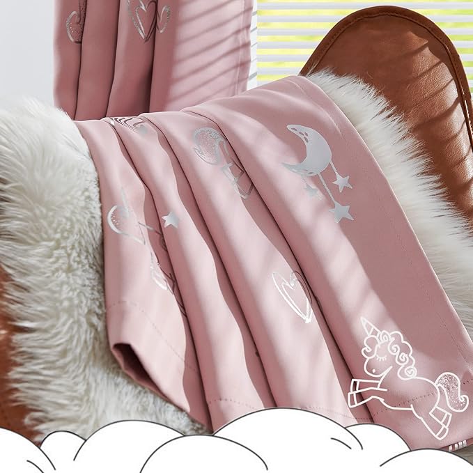 Vangao Rainbow Room Darkening Kids Curtains for Girls Bedroom Pink Unicorn for Kids Nursery Room Silver Foil Print Curtains Thermal Insulated Drapes Grommet Window Drapes 63 Inches Length 2 Panels