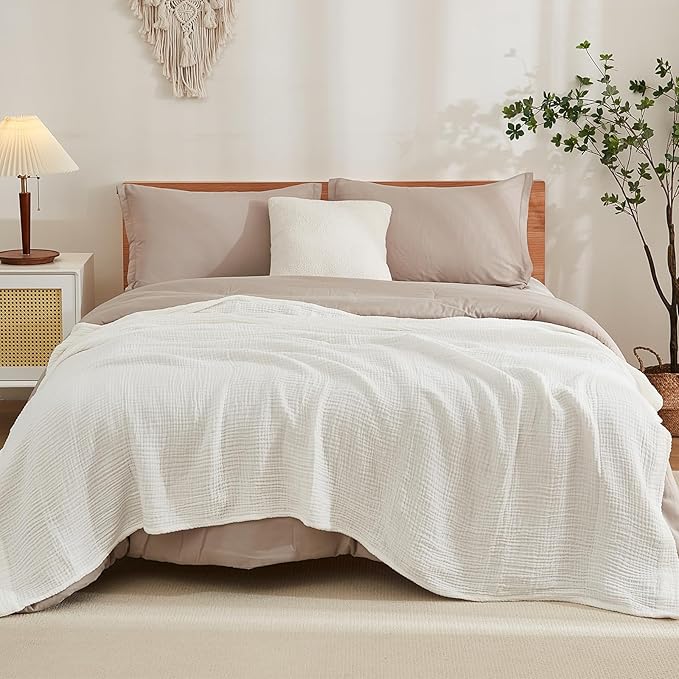 EMME Cotton Muslin King Blanket Big Oversized Bed Layering Bedspread Coverlet Breathable Gauze Soft Lightweight Blankets (White, 120"x94")