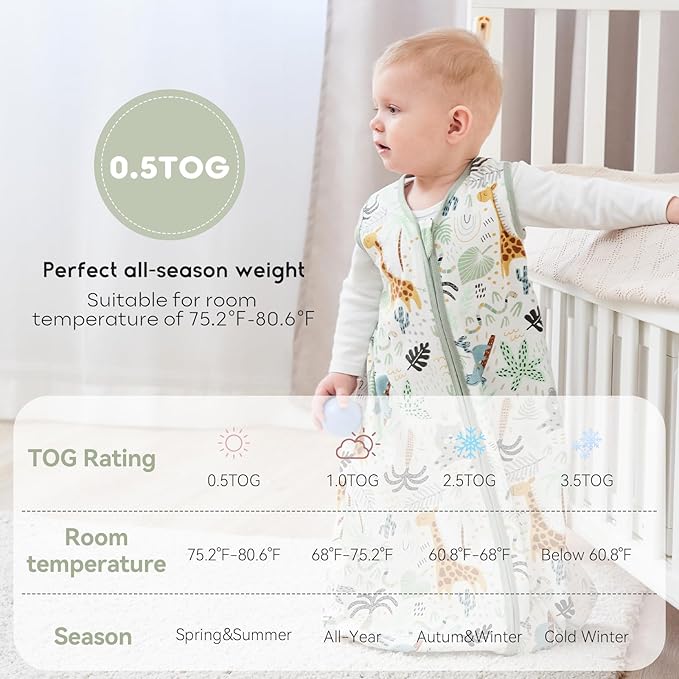 Yoofoss Baby Sleep Sack 12-18 Months 0.5 TOG Baby Wearable Blanket, 100% Organic Cotton Infant Toddler Sleeping Sack 2-Way Zipper Lightweight Sleep Sack, Giraffe