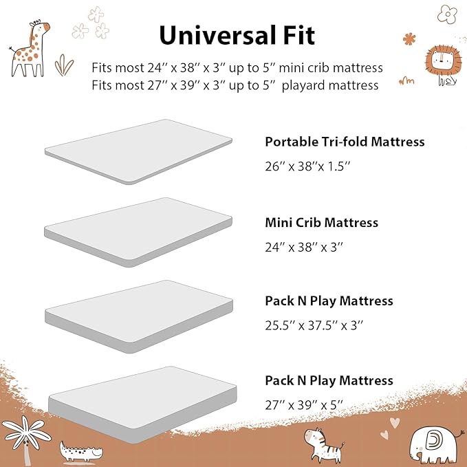Baby Mini Crib Sheets Boy, Portable 38”x26” Pack and Play Sheets Fitted for Playard and Pack N Play Mattress, 3-Pack Soft Microfiber Orange Animal World