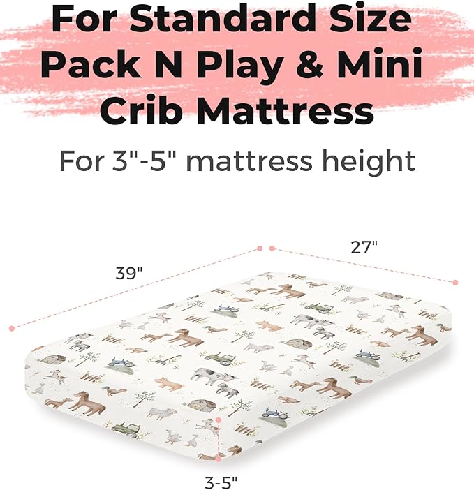Pack and Play Sheets 2 Pack, Fitted Jersey Knit Mini Crib Sheets for Baby Boys and Girls, Compatible with Graco Pack N Play and Mini Crib Mattress (Little Farm, Pack N Play/Mini Crib Sheets)