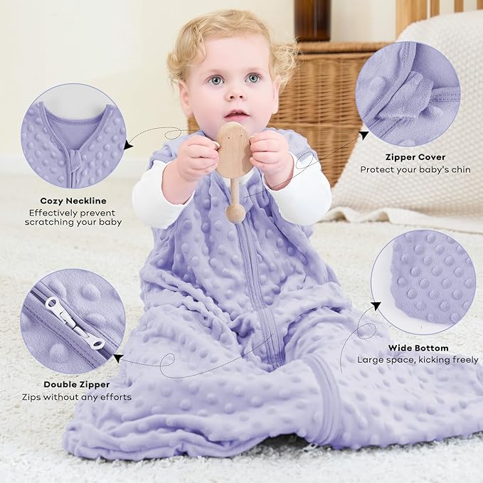 FIEMOL Fleece Baby Sleep Sack 12-18 Months, 1.5 TOG Cotton Baby Wearable Blanket With Soft Plush Dots, 2 Pack Newborn and Infant Warm Sleeping Sack with 2-Way Zipper Pink&Purple