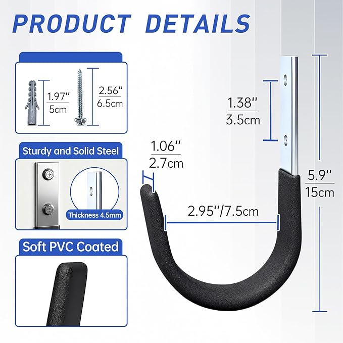 Heavy Duty Wall Hooks, Garage Storage Utility Hooks, Steel Wall Mount Hanger, Tool Organizer Hose Hanger Steel U Hooks for Garage & Garden (6, Black)