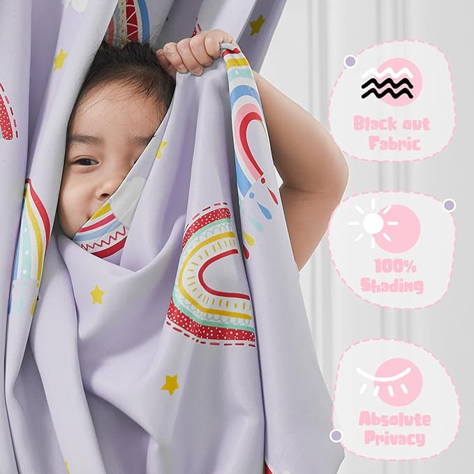 Vangao Easter Boho Girls 100% Blackout Curtains Purple for Kids Room 63 Inch Length, Rainbow Window Drapes for Living Room Nursery Thermal Insulated Room Darkening Curtains Bedroom Grommet 2 Panels