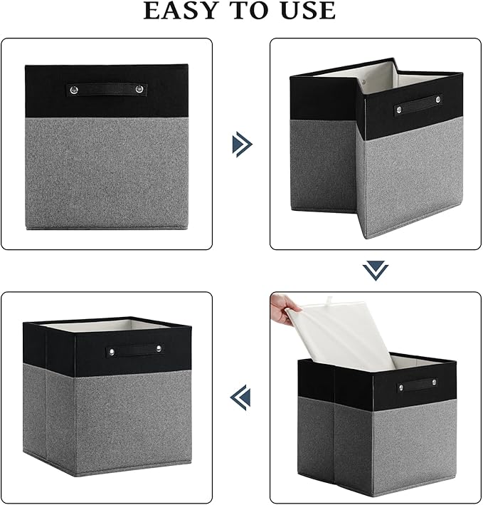 13 x 13 Inch Fine Linen Storage Bins with Handles，Fabric Cube Boxs，Basket Organizers for Shelves for Home, Closet Drawers (Black/Gray-4 Pack)