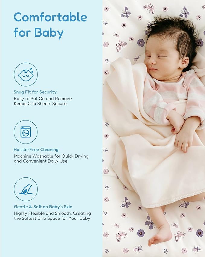 Baby Crib Sheets Boy Girl for Standard Crib Mattress - Soft Purple+Butterflies, Comfortable and Safe, Fits 28''x52''x9'' Deep Pocket