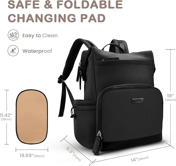 VONAL Neoprene Diaper Bag Backpack with Changing Pad, 33L Large Capacity Neoprene Backpack Baby Diaper Bag with Insulated Pockets, Travel Diaper Backpack Baby with 12 Pockets for Mom & Dad, Black