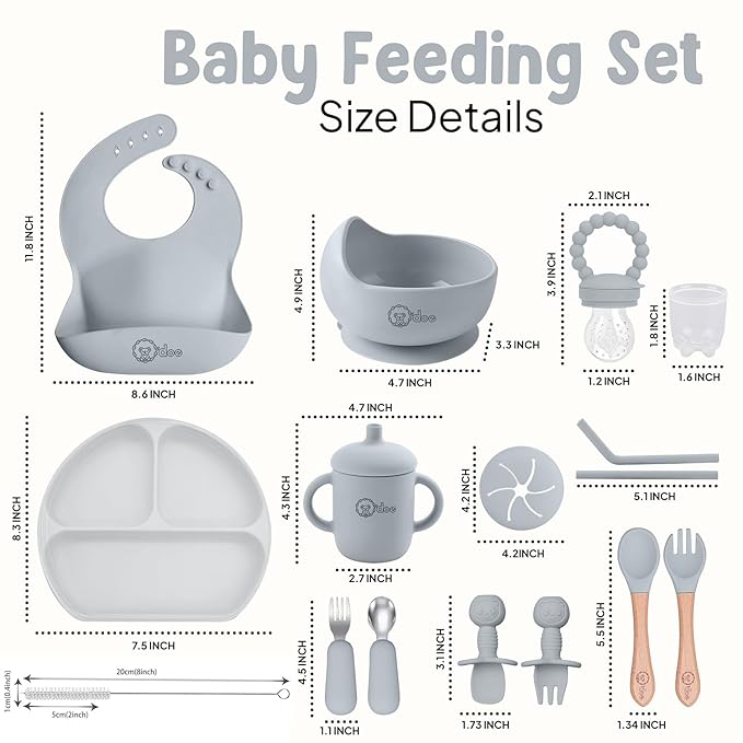 O'doe 17-Piece BPA-Free Silicone Baby Feeding Set | Thick & Soft Suction Plates, Baby Bowls, Wooden Fork & Spoon, and More | Make Mealtime Fun and Easy for Your Little One (Grey, V2)