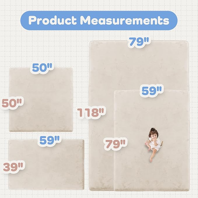 1.5" Thick Baby Play Mat for Floor, 39x59 Playpen Mat, Pro Soft Flannel Foam Mats Toddler Infant Kids Crawling for Nursery Rug Playroom Living Room Waterproof Easy Care Non-Slip (Beige)