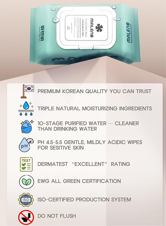 Sensitive Baby Wipes, Plenty of 10-Stage Purified Clear Water, Naturally Derived Ingredients, Unscented, Hypoallergenic, Korean Standard, 10 Flip-Top Packs (1000 Wipes Total) Green 55 gsm