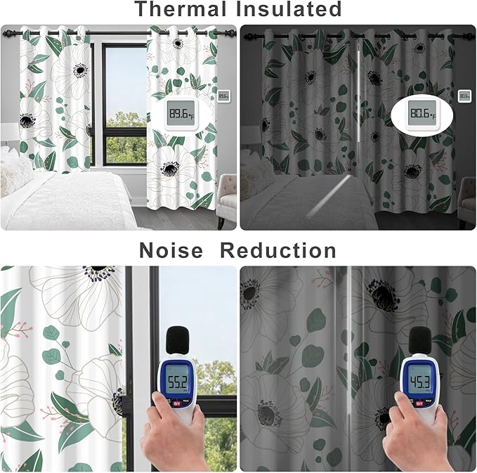 Blackout Curtains for Bedroom and Living Room, White Floral Black Out Curtains 84 Inch Length 2 Panels Set, Room Darkening Thermal Insulated Privacy Soundproof Farmhouse Patterned Grommet Drapes