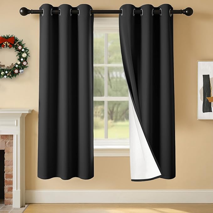 100% Blackout Curtains 63 Inch Length for Bedroom Living Room, Grommet Thermal Insulated Room Darkening Drapes, Light Blocking Window Treatment Decor, 2 Panels, 37x63, Black