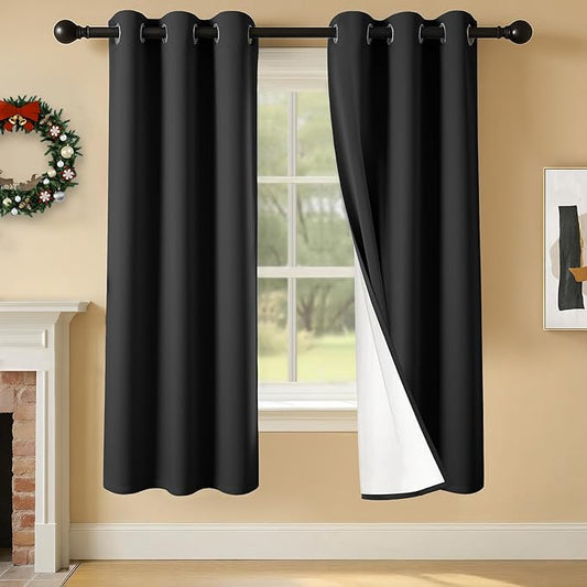 100% Blackout Curtains 63 Inch Length for Bedroom Living Room, Grommet Thermal Insulated Room Darkening Drapes, Light Blocking Window Treatment Decor, 2 Panels, 37x63, Black