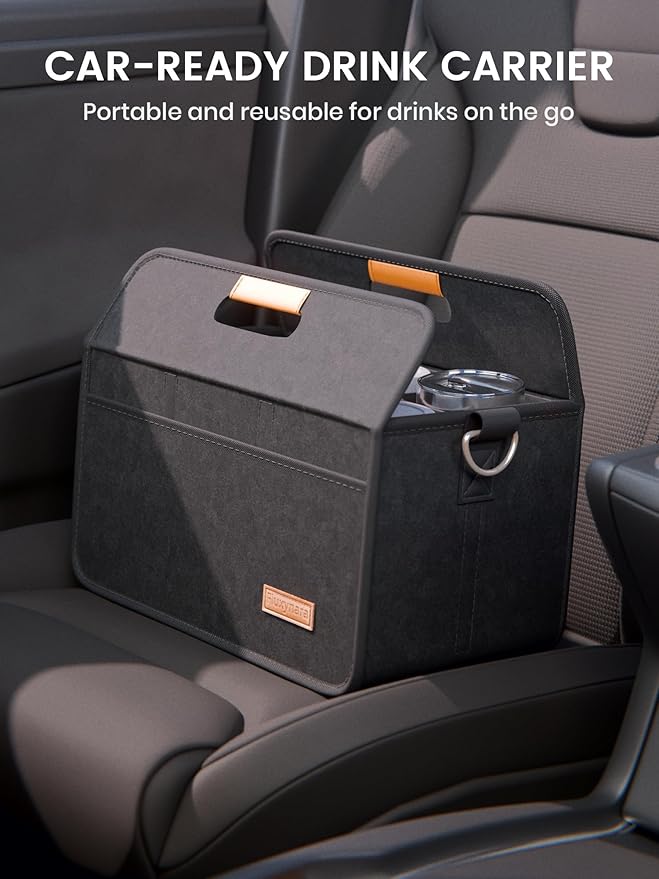 Fluxynara 6-Cup Reusable Felt Drink Carrier with Handle and Adjustable Shoulder Strap, Drink Holder for Car, Multi-Cup Drink Carrier Bag for Delivery, Travel, Picnics (Black)