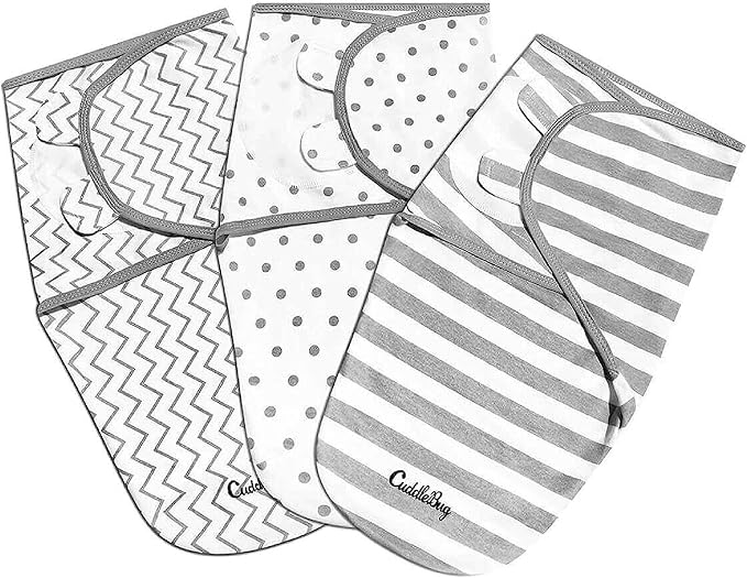 CuddleBug Swaddles for Newborns (3-Pack) - 100% Cotton Velcro Baby Swaddles 0-3 Months, Machine Washable Newborn Sleep Sacks, Snug Baby Swaddle Blanket (Spots & Stripes)