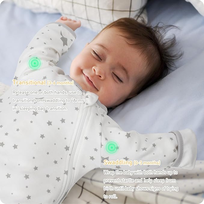 Transitional Swaddle Sack with Arms Up Length Sleeves and Mitten Cuffs 6-12 Months Wearable Swaddling Blanket Sleeping Bag Cotton for Newborns Baby Boys Girls Sleep Sacks Snug Fit Calms Startle Reflex