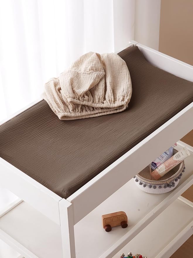 TILLYOU Muslin Changing Pad Cover for Baby Girls Boys, Soft and Breathable Cotton Diaper Changing Table Cover, 2 Pack(Brown&Light Brown)