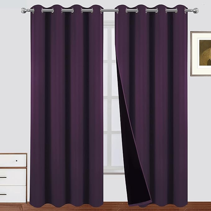 LEMOMO 100% Blackout Curtains 52 x 95 Inch Purple Curtains 2 Panels Darkening Thermal Insulated Bedroom Curtains