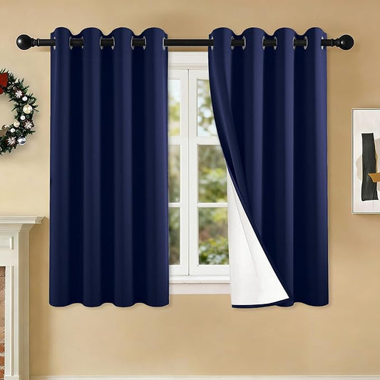 100% Blackout Curtains 54 Inch Length for Bedroom Living Room, Grommet Thermal Insulated Room Darkening Drapes, Light Blocking Window Treatment Decor, 2 Panels, 54x54, Navy Blue