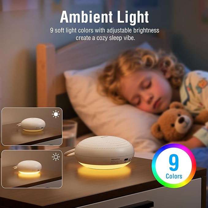 MEGATEK Sleep Sound Machine, 24 Soothing Sounds, 9 Color Dimmable Night Light, Bluetooth & 180s Voice Recording, 2000mAh Rechargeable Battery with Timer & Hook, Easy to Use for Baby & Adults
