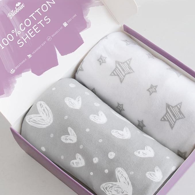 Bassinet Fitted Sheets Compatible with Graco Pack 'n-Play Dome LX Bassinet(not playard), 2 Pack, 100% Jersey Knit Cotton Sheets, Gray Print for Baby