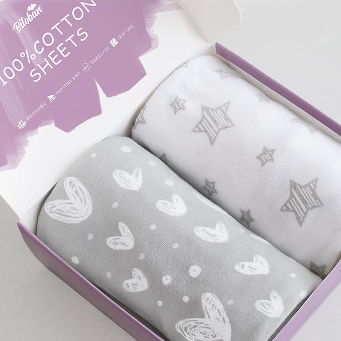 Bassinet Sheets Compatible with BIERUM Baby Bassinet Bedside Sleeper and Mika Micky Bedside Sleeper, (2 Pack), 100% Jersey Knit Cotton Fitted Sheets, Grey Hearts and White Stars Print for Baby