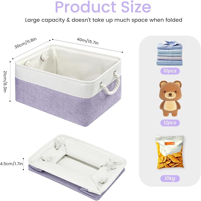 Large Storage Baskets- 15.7x11.8x8.26 inch Storage Bins for Shelves and Closet Organizing, Foldable Fabric Bin for Home Organization Clothes and Laundry (1-Pack, White&Purple)