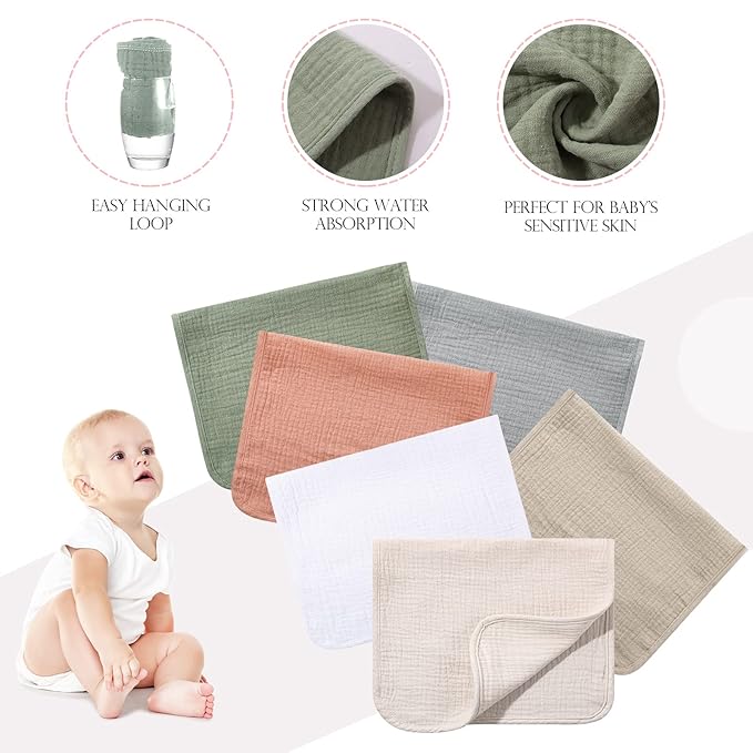 Hicarer 6 Count Muslin Burp Cloths Cotton Baby Burping Rags Large 20 x 10 Inch 6 Layers Spit up Rags Soft Absorbent Multicolor Wash Cloths Diapers for Newborn Baby Girl Boy(Mixed Colors Series)