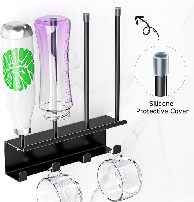 Wall Mounted Water Bottle Drying Rack, Baby Bottle Dryer Rack, Metal Cup Rack Dryer Stand, Mug Holder with Storage Rack, Mug Hooks for Bottle Cap, Bottle Drying Rack for Cups, Plastic Bags (Black)