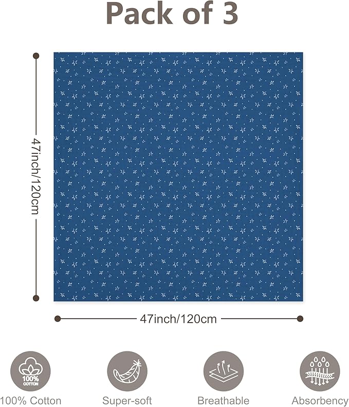 3-Pack 100% Cotton Muslin Swaddle Blankets, Large 47 x 47 Inches — Breathable Soft Receiving Blankets for Newborns, Swaddling Wraps, Registry Gift (Bold Blue Mix)