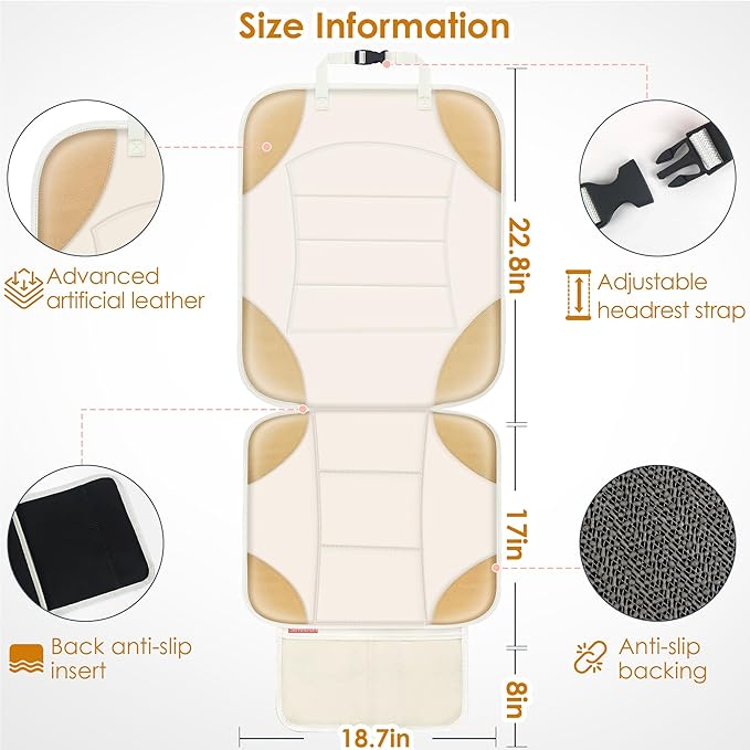 Sinvitron Car Seat Protector for Child Car Seat - Waterproof Non-Slip Leather Mat with 2 Mesh Pockets, Universal Seat Cover for Baby, Pets & Vehicles (1-Pack, Off-White)