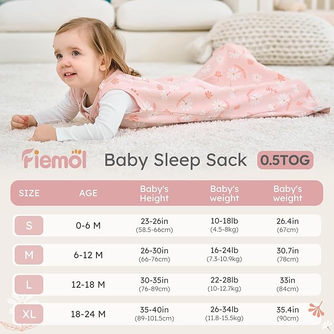 FIEMOL Baby Sleep Sack 6-12 months, 100% Cotton Sleeping Sack for Newborn and Infant, 3 Pack Baby Wearable Blanket for Boy and Girl, 0.5 Tog Lightweight Double Zipper Sleep Bag Pink Orange Flower