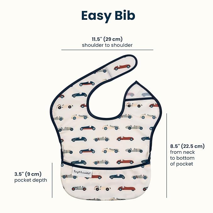 Tiny Twinkle Mess-Proof Baby Bibs for Eating | Waterproof, Wipeable Toddler Bibs with Catch-All Pocket | Feeding Bibs for Girls & Boys(3 Pack,Vintage Cars,Varsity Flags)