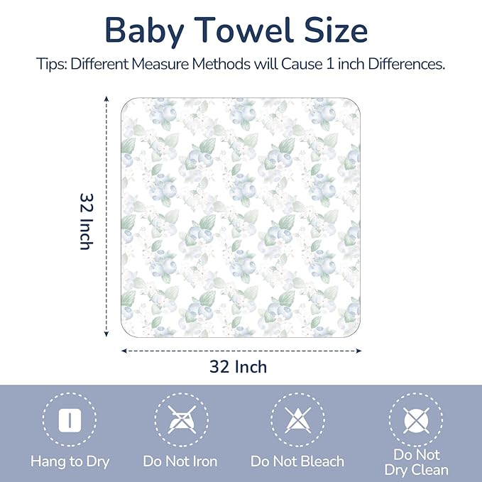 Muslin Hooded Baby Towels 2 Pack, Ultra Soft & Absorbent Baby Bath Towels, Bath & Beach Essentials, Shower Gifts for Newborns, Babies, Infant, Toddler - 32x32 Inch (Floral & Blueberry)