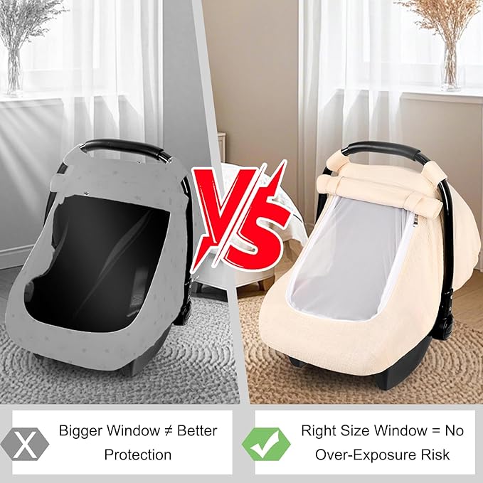 Hooyax Muslin Car Seat Cover Baby - Breathable and Privacy Car Seat Canopy with 3 Modes - Easy Install & Gift Box Packaging, Universal Fit for Infant Car Seats, Apricot
