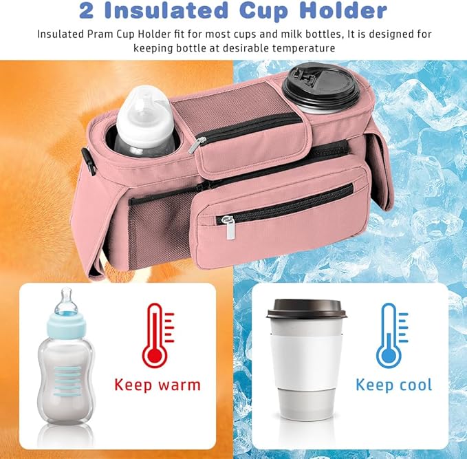 Baby Stroller Organizer, Universal Stroller Organizer with Detachable Phone Bag, Stroller Caddy with 2 Insulated Cup Holders, Buggy Organizer Bag with 2 Hooks Fits Most Strollers (Pink)